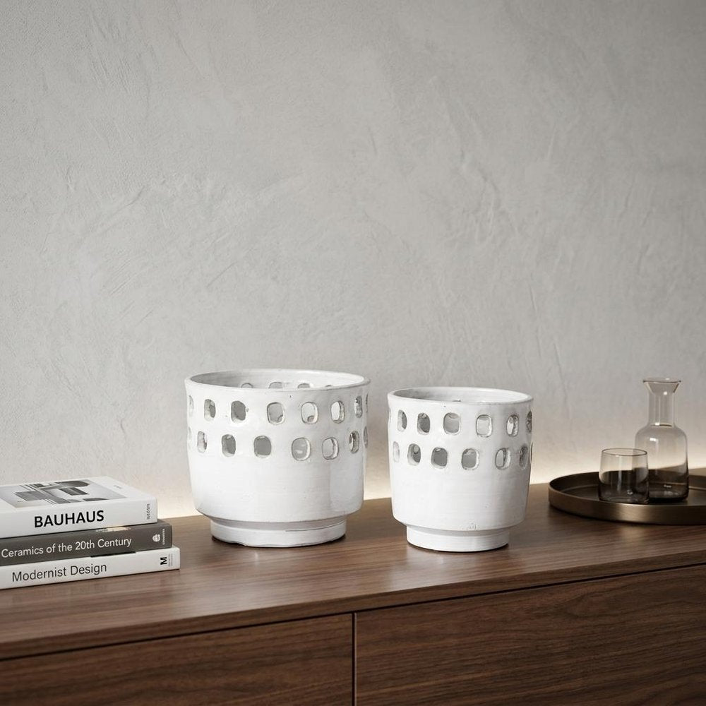 Set of Two White Abstract Cylinder Ceramic Table Vase HomeRoots