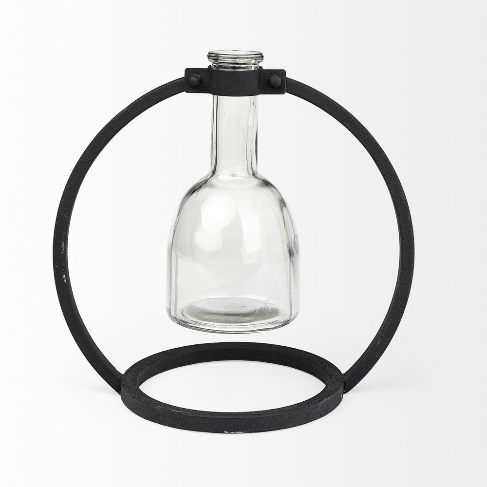 8" Clear and Black Glass and Metal Abstract Cylinder Table Vase HomeRoots