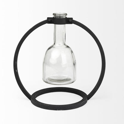 8" Clear and Black Glass and Metal Abstract Cylinder Table Vase HomeRoots