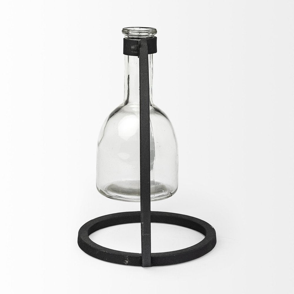 8" Clear and Black Glass and Metal Abstract Cylinder Table Vase HomeRoots