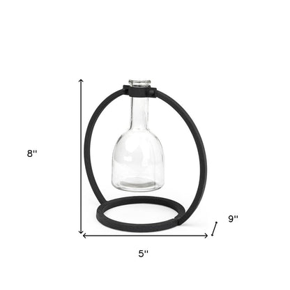 8" Clear and Black Glass and Metal Abstract Cylinder Table Vase HomeRoots
