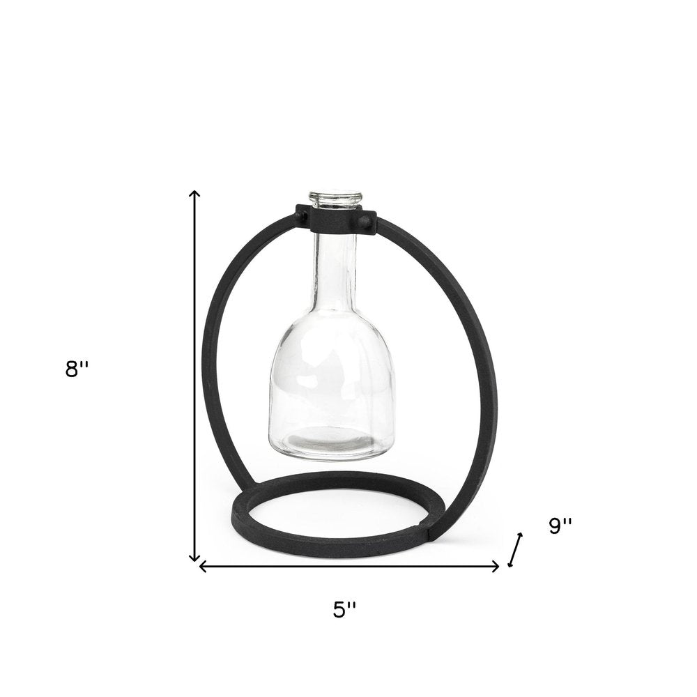 8" Clear and Black Glass and Metal Abstract Cylinder Table Vase HomeRoots