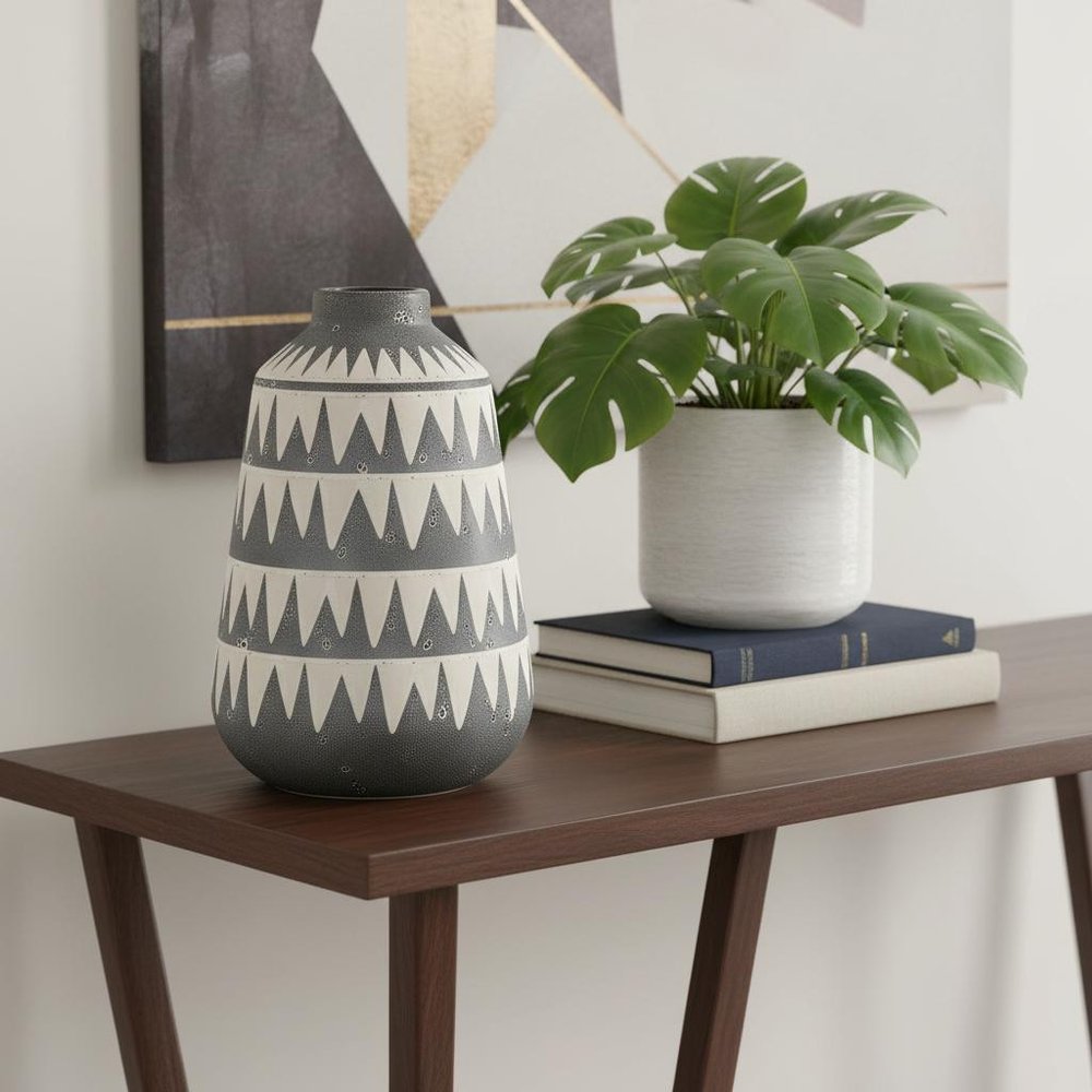 10" Gray And Ivory Geometric Cylinder Ceramic Table Vase HomeRoots