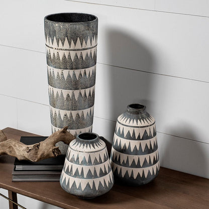 10" Gray And Ivory Geometric Cylinder Ceramic Table Vase HomeRoots