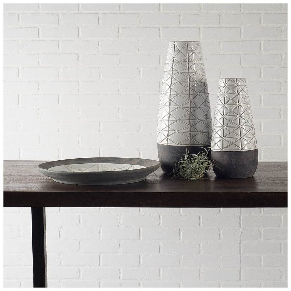 21" Gray And White Abstract Cylinder Ceramic Table Vase HomeRoots