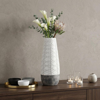 21" Gray And White Abstract Cylinder Ceramic Table Vase HomeRoots
