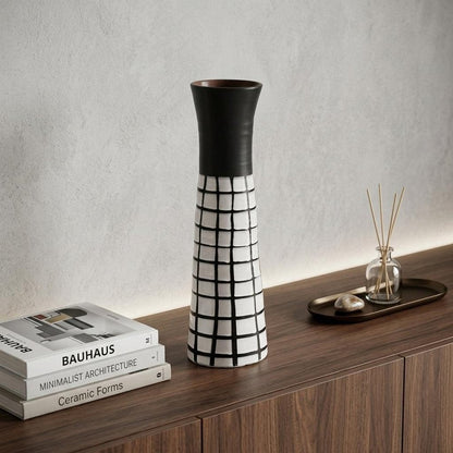 17" Black And White Abstract Cylinder Ceramic Table Vase HomeRoots