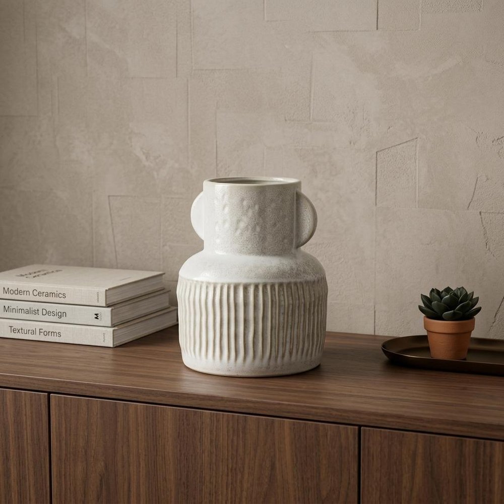 8" Whitewash Handled Textured Ceramic Vase HomeRoots