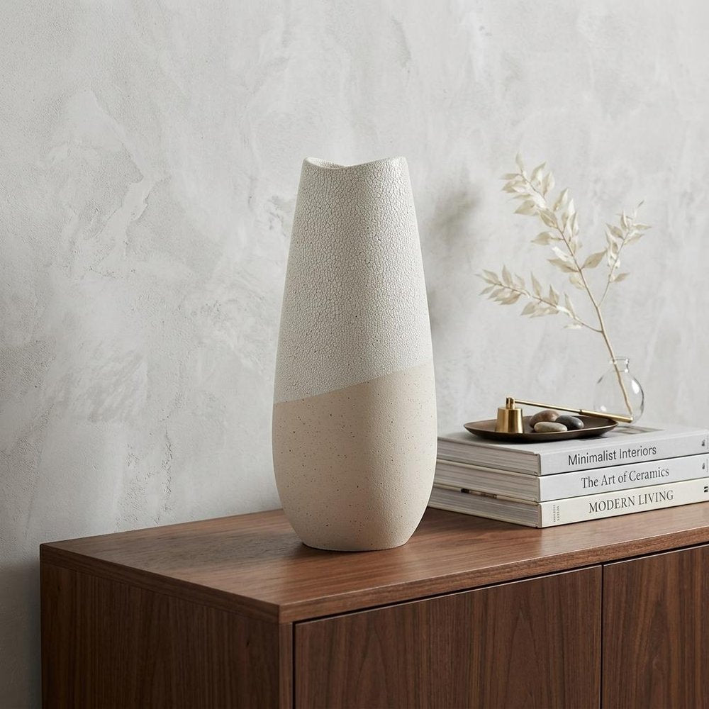 14" Cream Abstract Cylinder Ceramic Table Vase HomeRoots