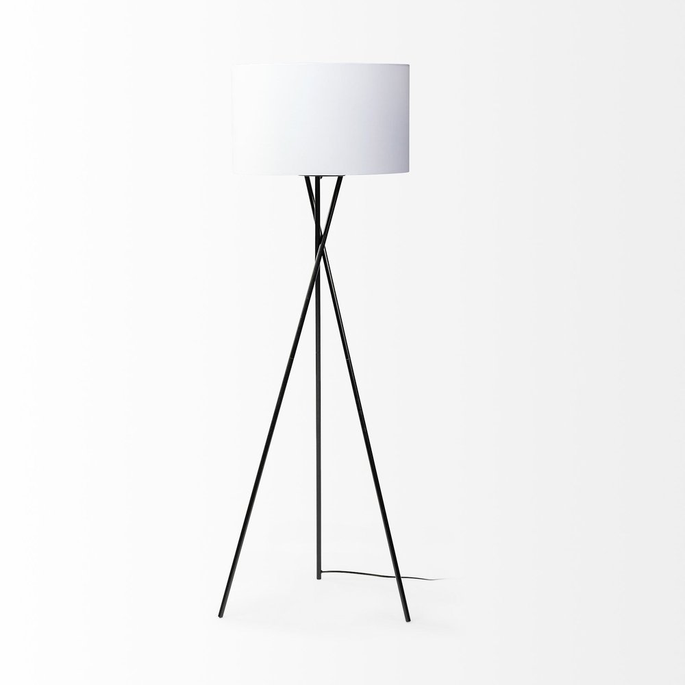 66" Black Tripod Floor Lamp With White Fabric Drum Shade — view 2