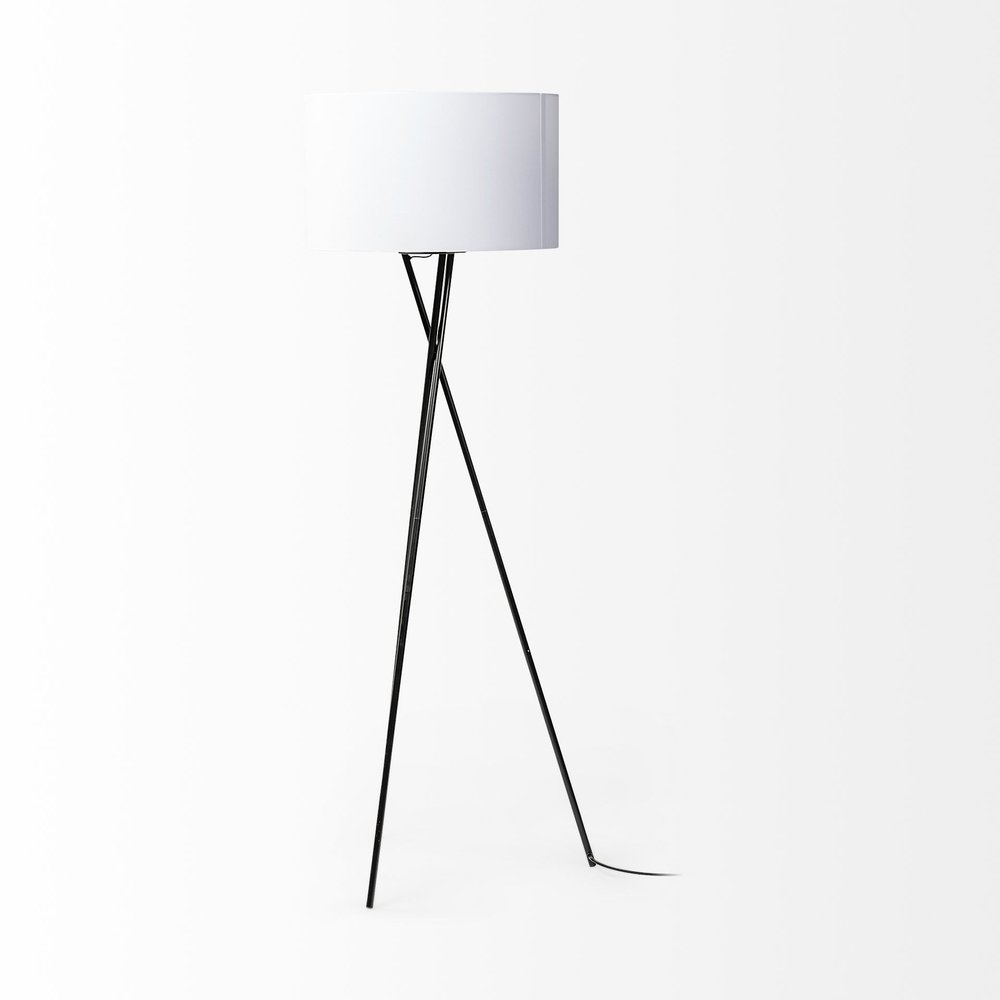 66" Black Tripod Floor Lamp With White Fabric Drum Shade — view 3