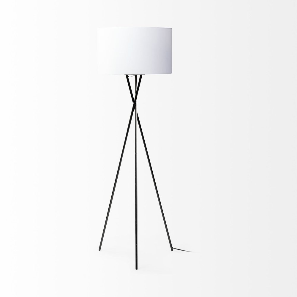 66" Black Tripod Floor Lamp With White Fabric Drum Shade — view 4