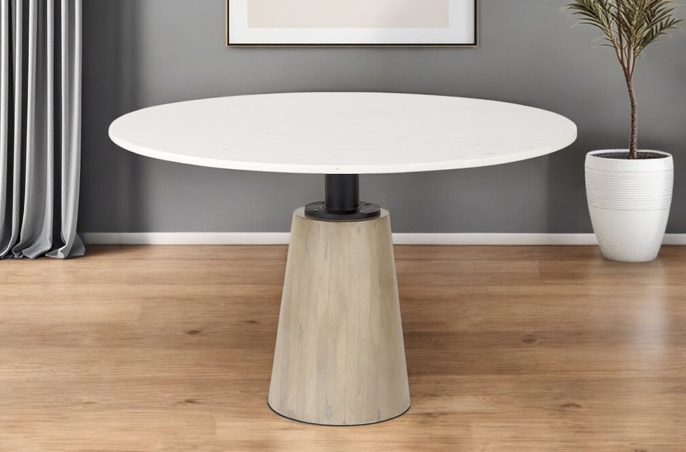48" White And Natural Rounded Marble Pedestal Base Dining Table HomeRoots