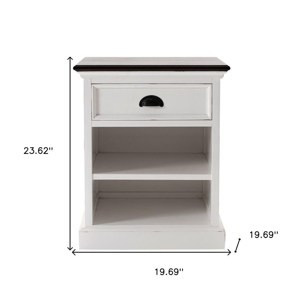Distressed White and Deep Brown Nightstand With Shelves — view 7