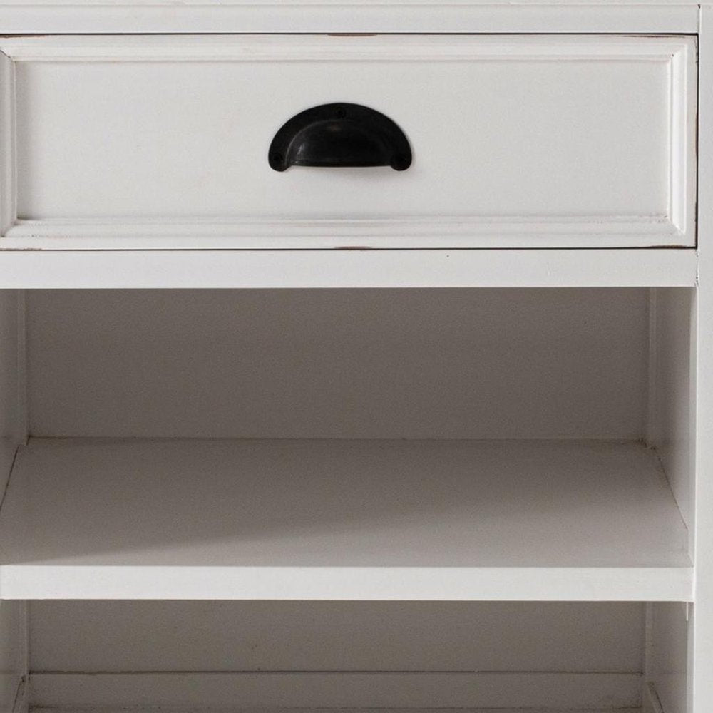 Distressed White and Deep Brown Nightstand With Shelves — view 8