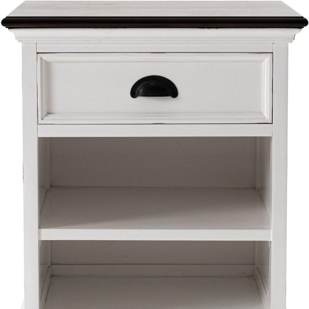 Distressed White and Deep Brown Nightstand With Shelves — view 9