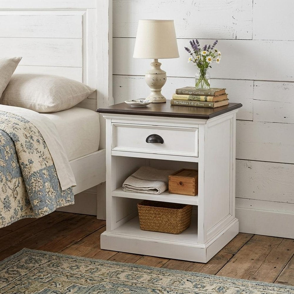 Distressed White and Deep Brown Nightstand With Shelves — view 10