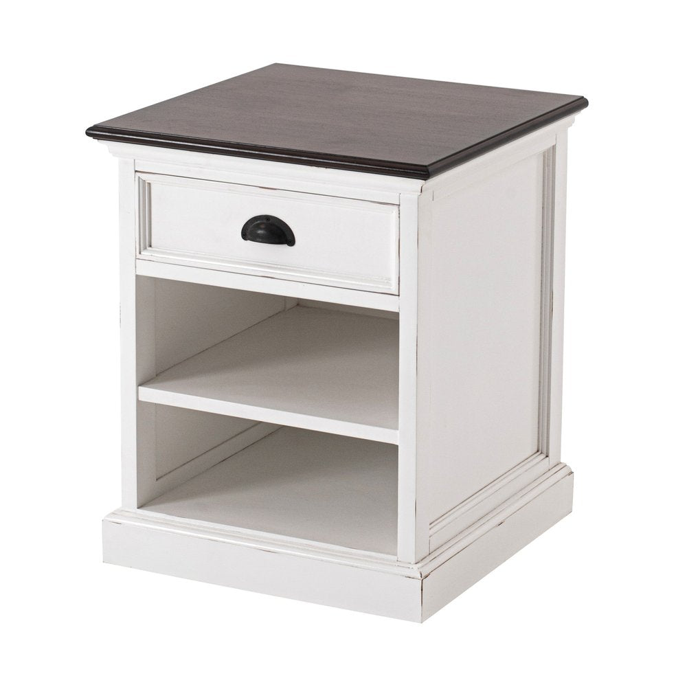 Distressed White and Deep Brown Nightstand With Shelves — view 2