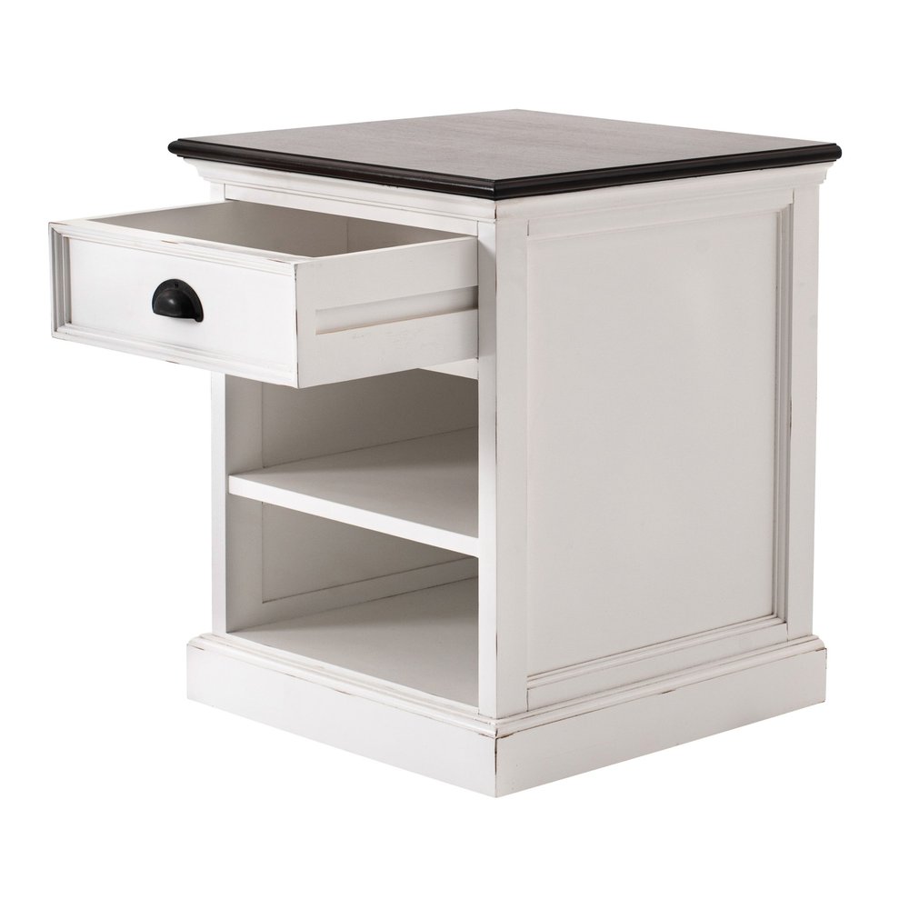 Distressed White and Deep Brown Nightstand With Shelves — view 3