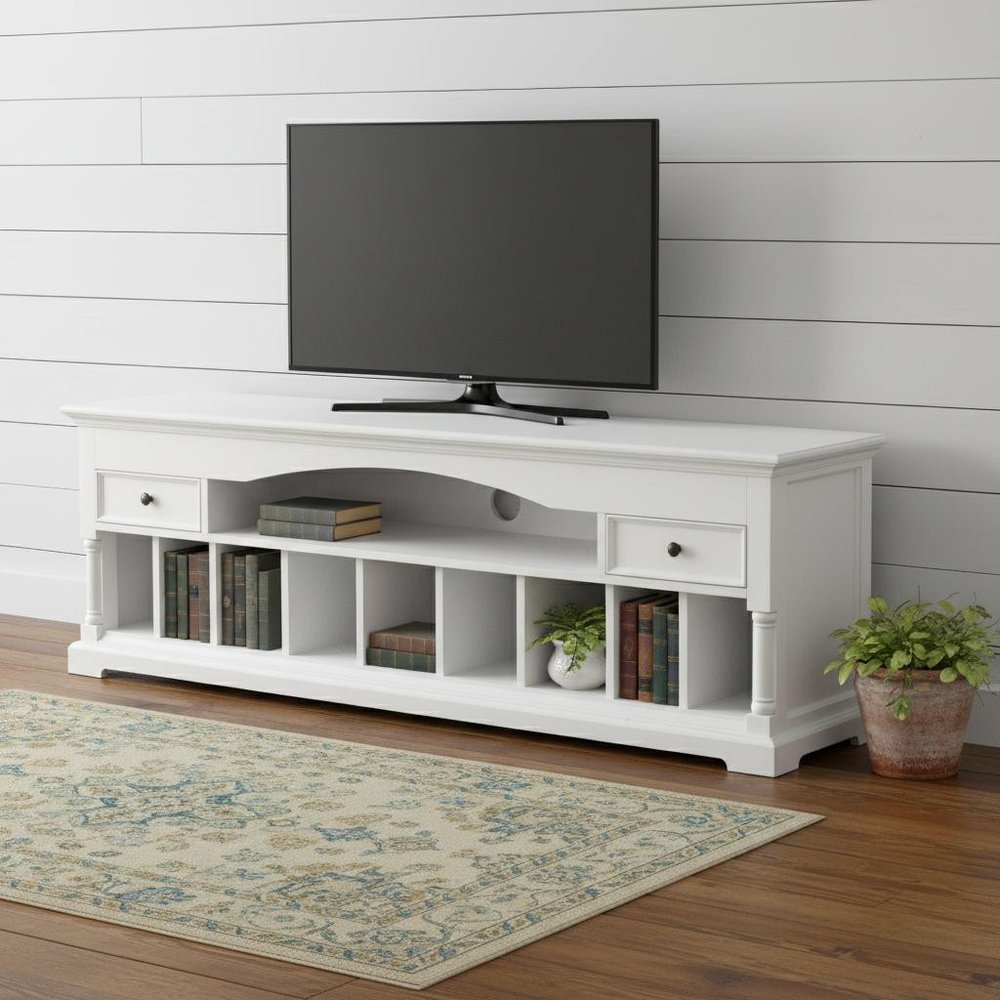 71" White Solid Console Table With Shelves And Drawers — view 10