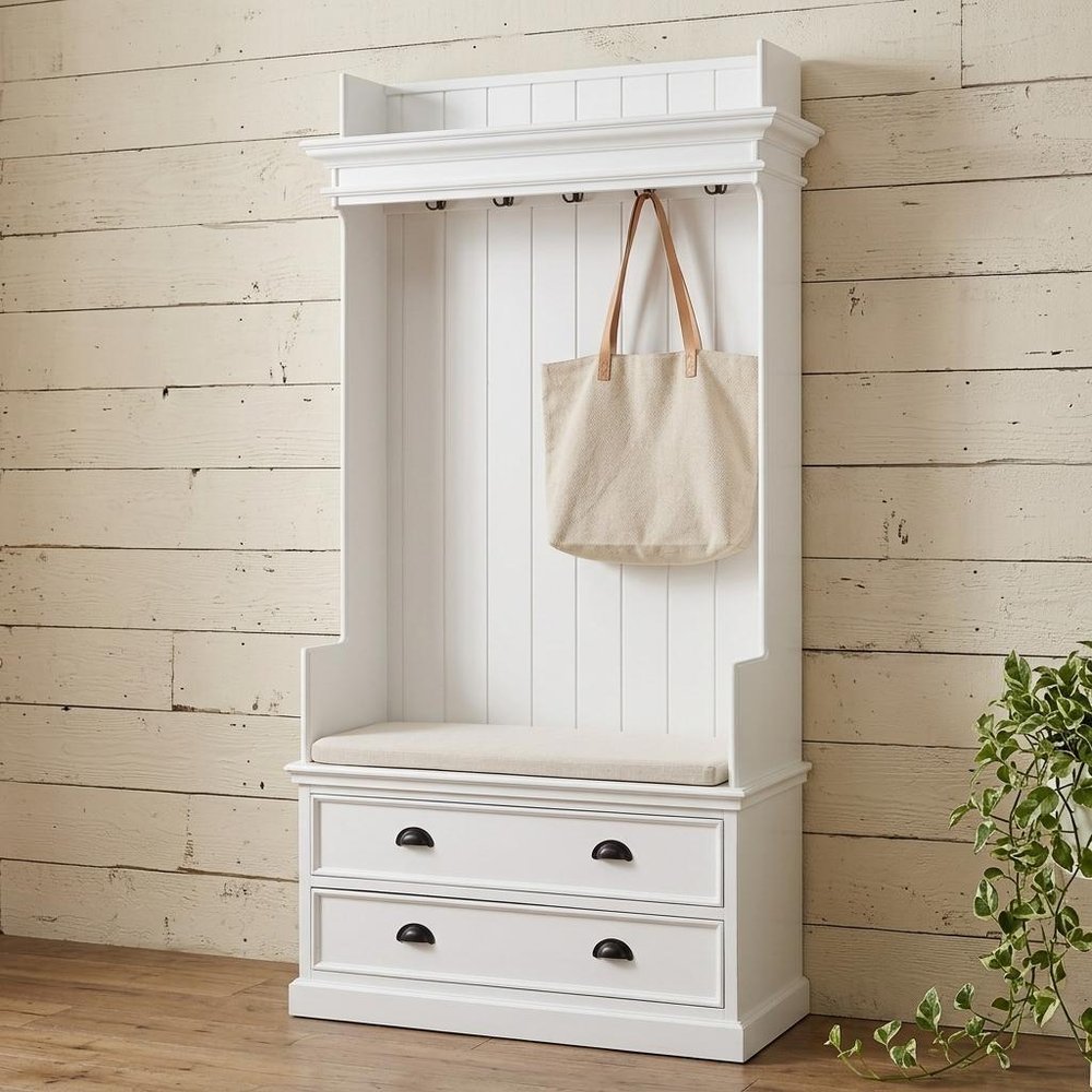 Classic White Entryway Coat Rack and Bench with Drawers — view 9