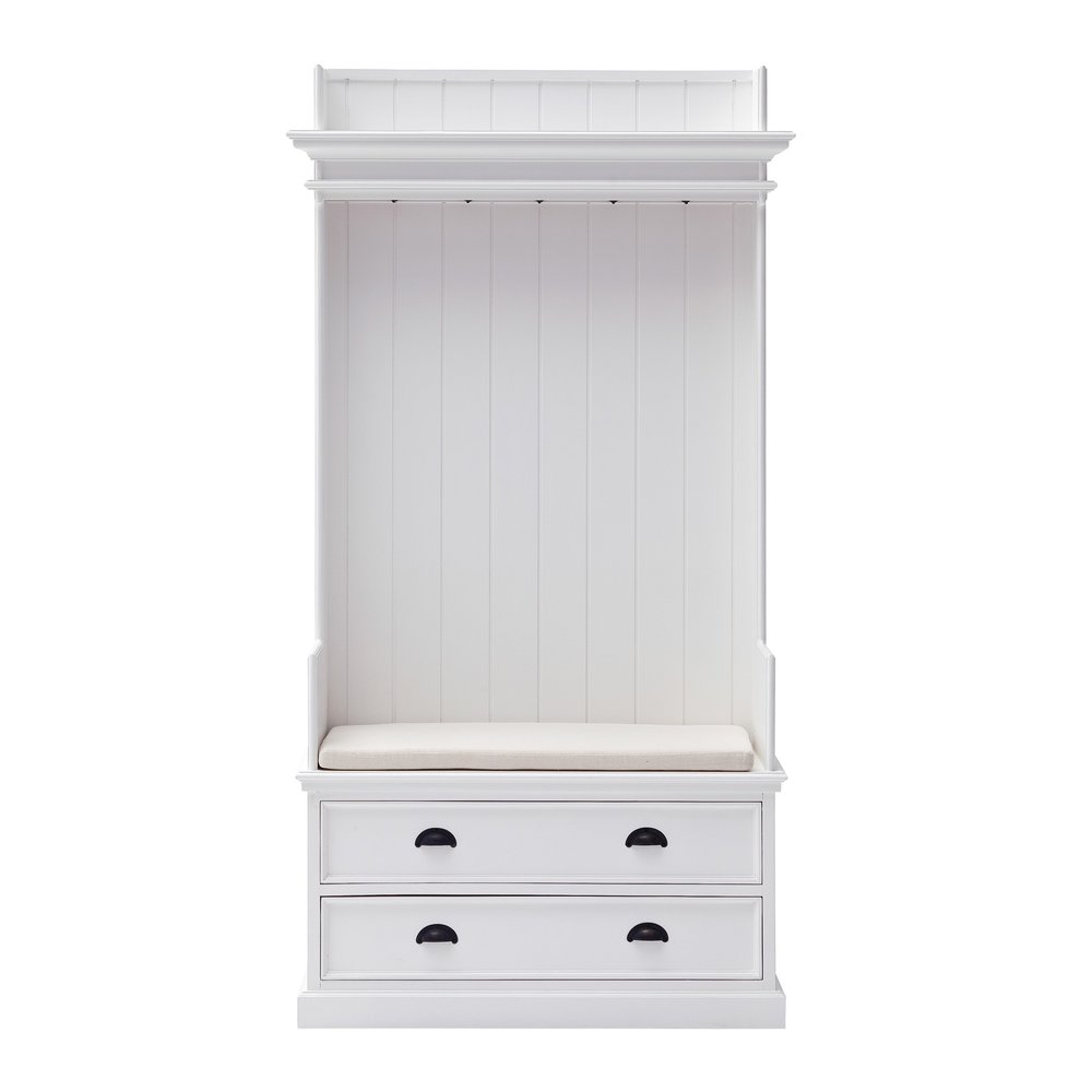 Classic White Entryway Coat Rack and Bench with Drawers — view 1