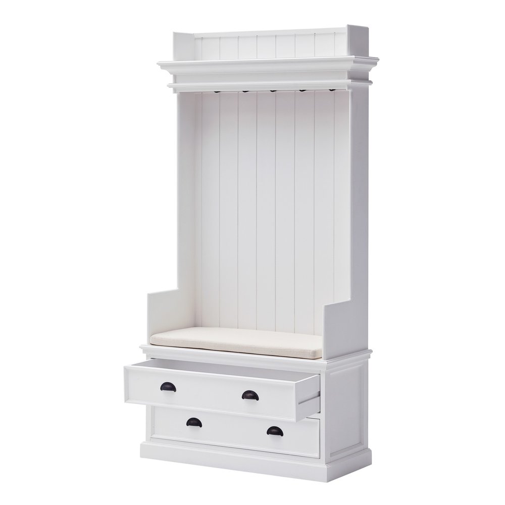 Classic White Entryway Coat Rack and Bench with Drawers — view 3