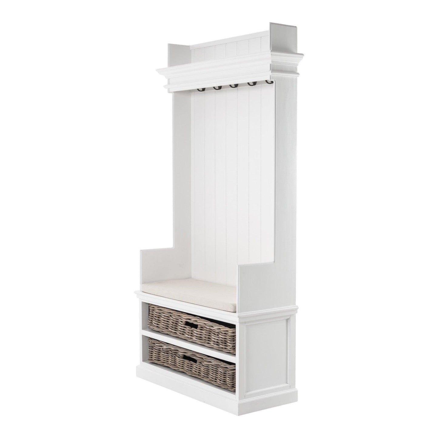 Classic White Entryway Coat Rack and Bench with Baskets - FurniFindUSA