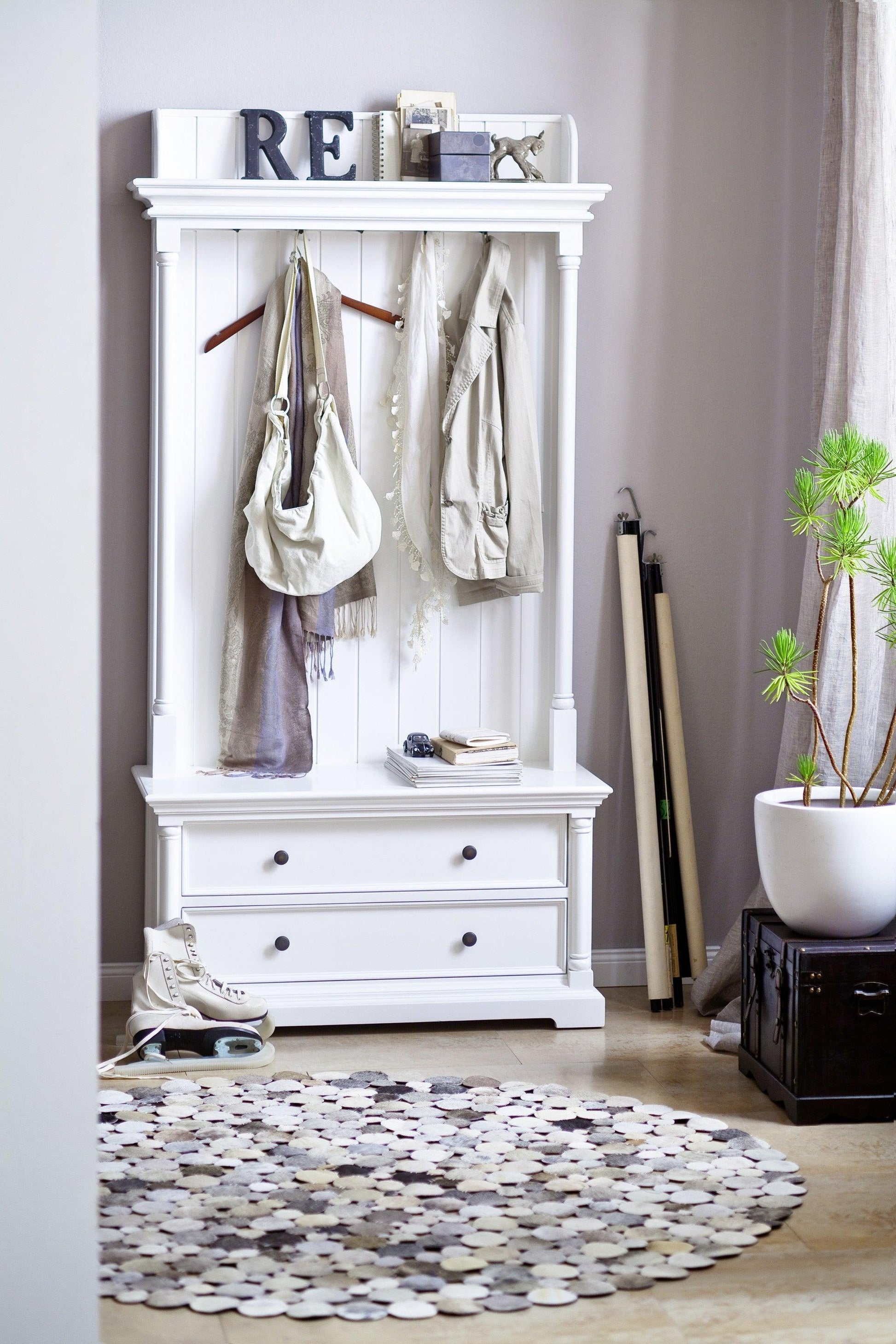 Classic White Hall Tree Coat Rack with Drawers - FurniFindUSA