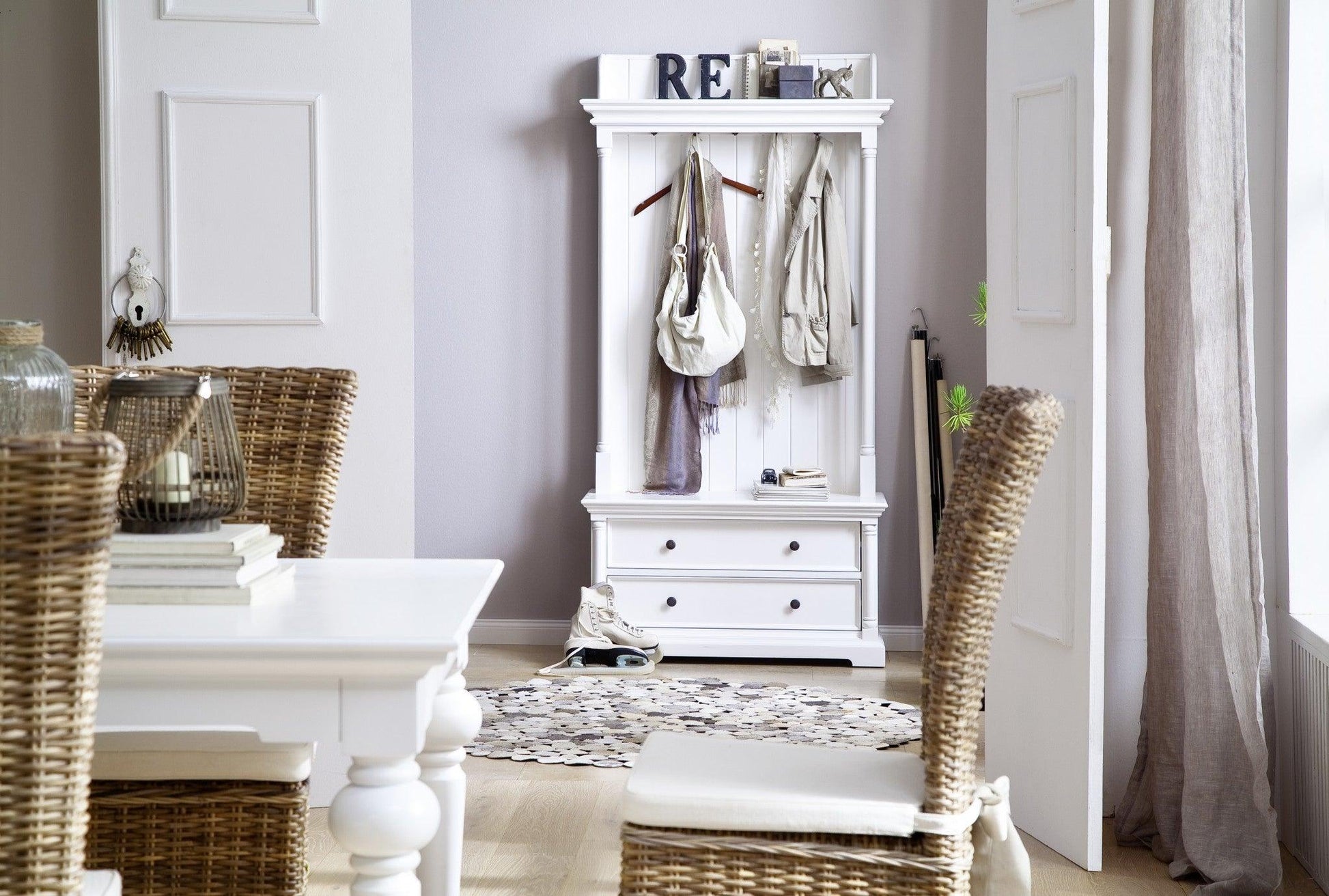Classic White Hall Tree Coat Rack with Drawers - FurniFindUSA