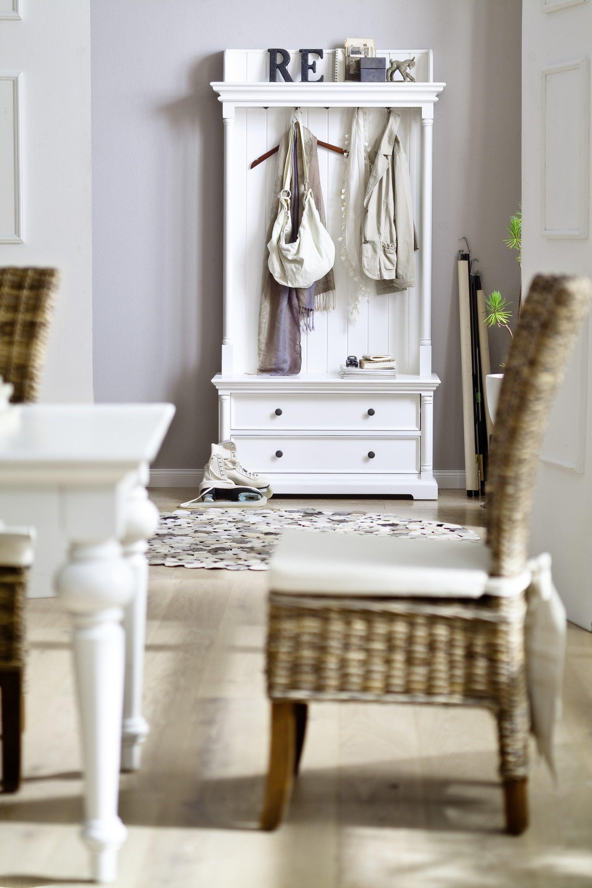 Classic White Hall Tree Coat Rack with Drawers - FurniFindUSA