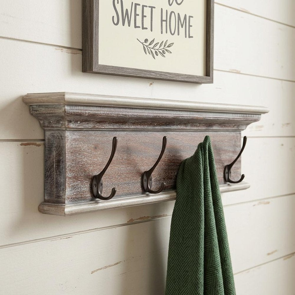 28" Brown Solid Wood Four Hook Wall Mount Coat Rack HomeRoots
