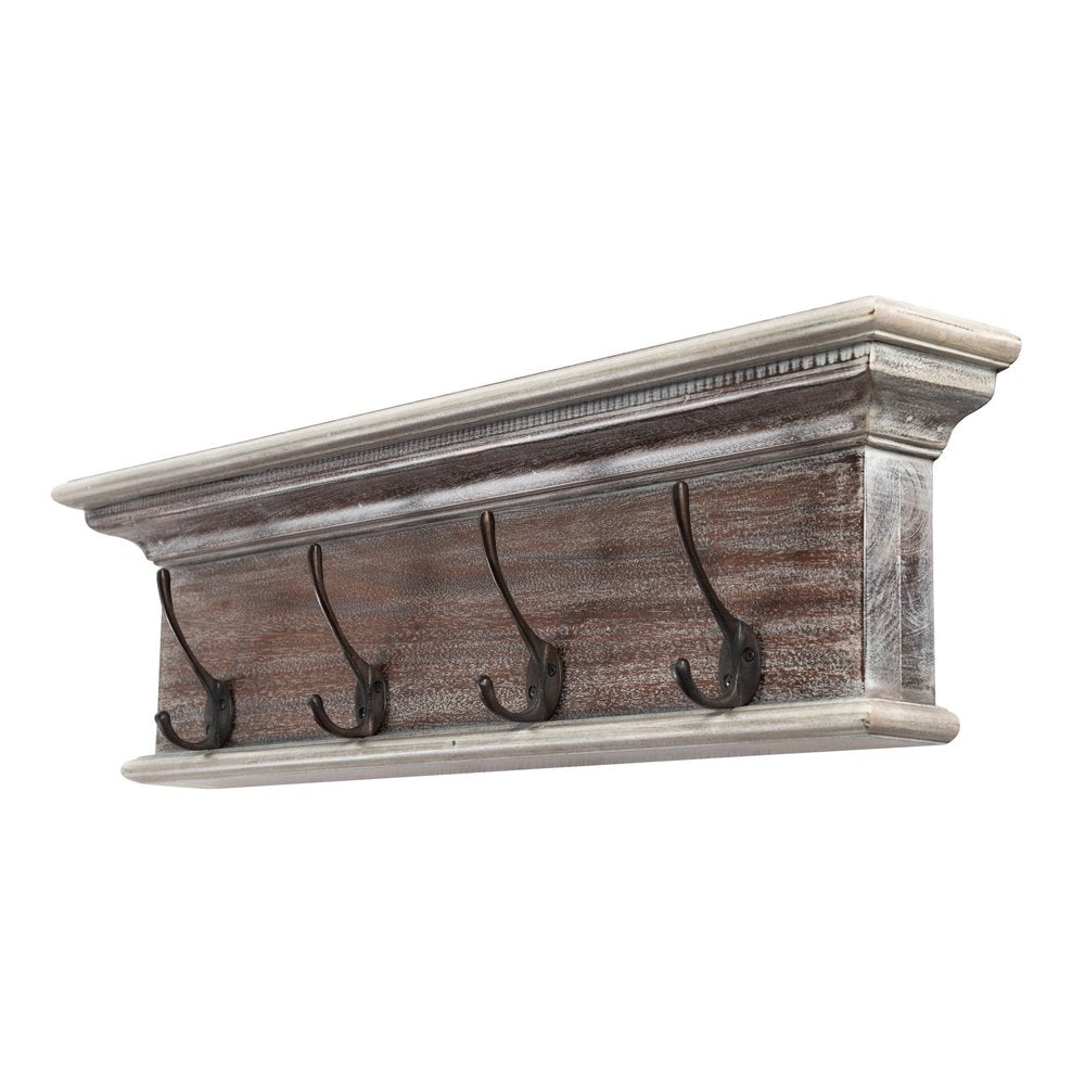 28" Brown Solid Wood Four Hook Wall Mount Coat Rack HomeRoots
