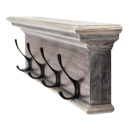 28" Brown Solid Wood Four Hook Wall Mount Coat Rack HomeRoots