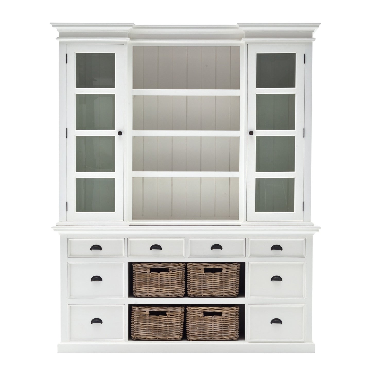 87" White Wood Bookcase with Glass Doors Drawers and Baskets