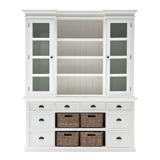 87" White Wood Bookcase with Glass Doors Drawers and Baskets