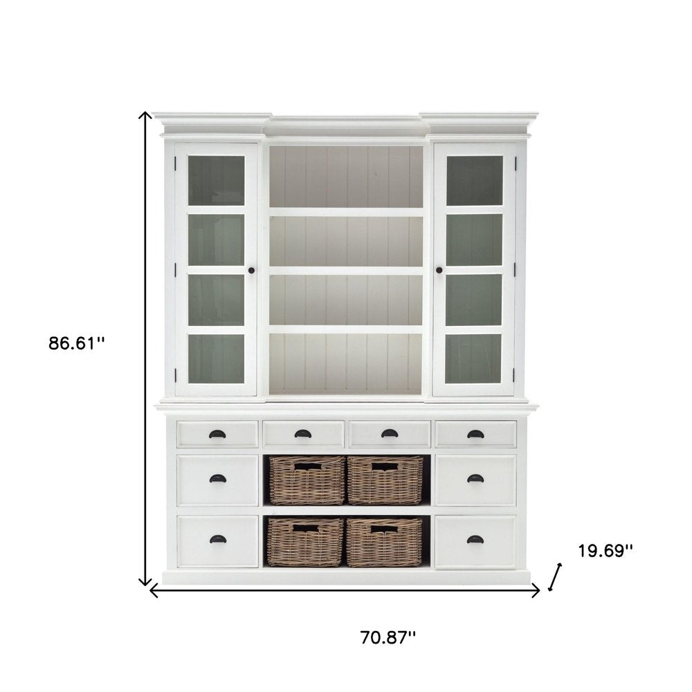 87" White Wood Bookcase with Glass Doors Drawers and Baskets HomeRoots