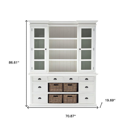 87" White Wood Bookcase with Glass Doors Drawers and Baskets HomeRoots
