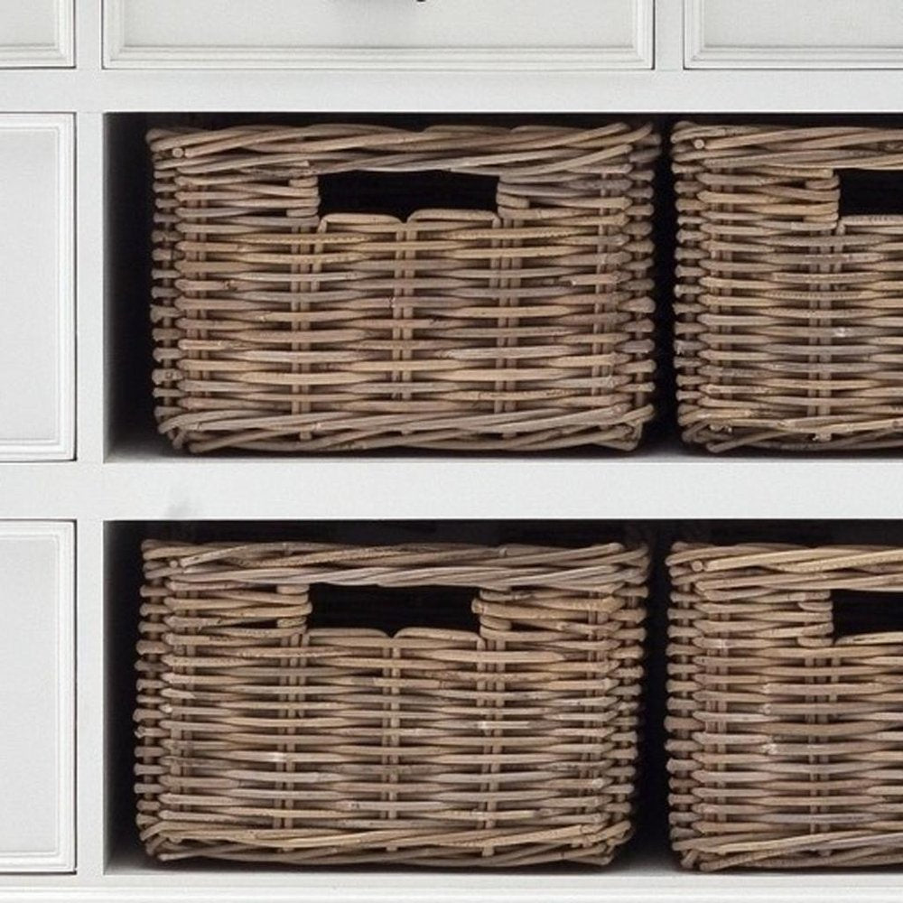 87" White Wood Bookcase with Glass Doors Drawers and Baskets HomeRoots
