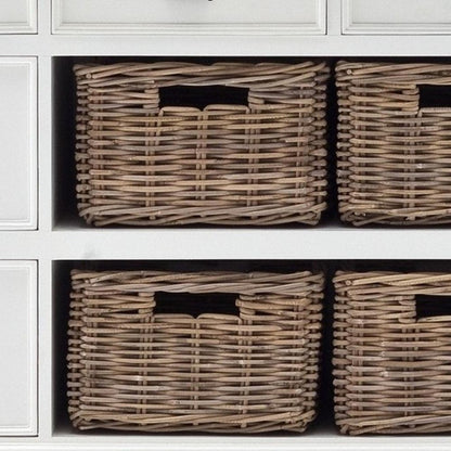 87" White Wood Bookcase with Glass Doors Drawers and Baskets HomeRoots