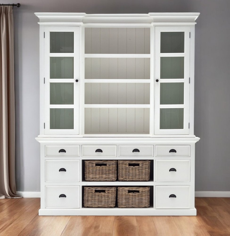 87" White Wood Bookcase with Glass Doors Drawers and Baskets HomeRoots