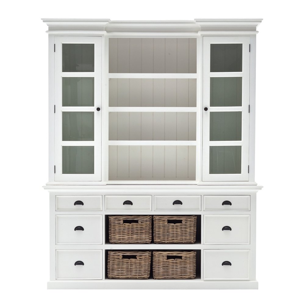 87" White Wood Bookcase with Glass Doors Drawers and Baskets HomeRoots