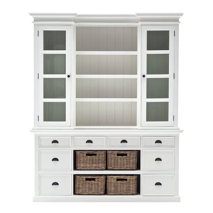 87" White Wood Bookcase with Glass Doors Drawers and Baskets HomeRoots