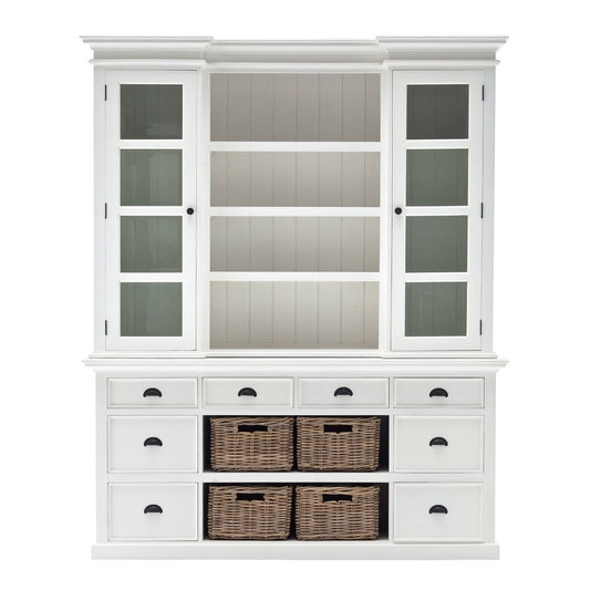 87" White Wood Bookcase with Glass Doors Drawers and Baskets HomeRoots