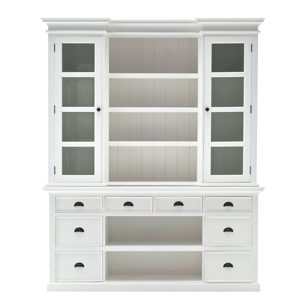 87" White Wood Bookcase with Glass Doors Drawers and Baskets HomeRoots