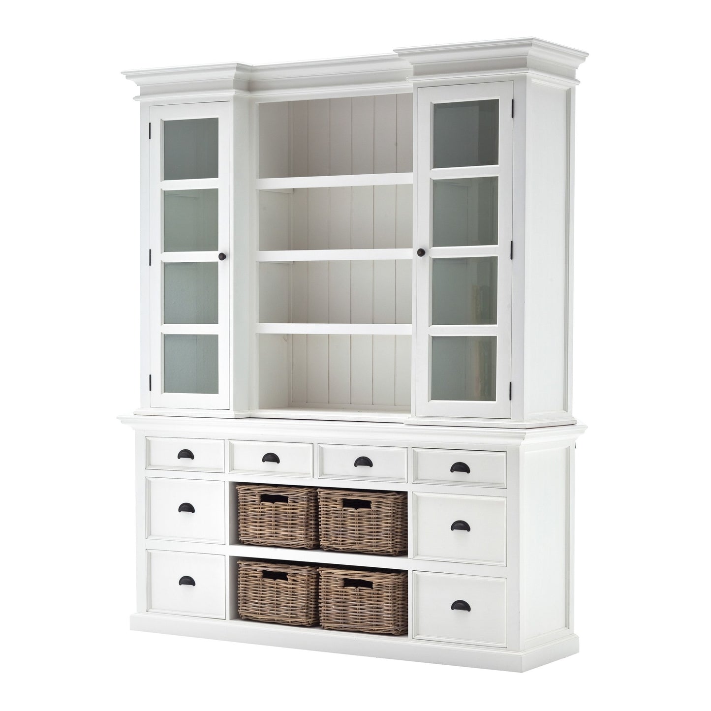 87" White Wood Bookcase with Glass Doors Drawers and Baskets