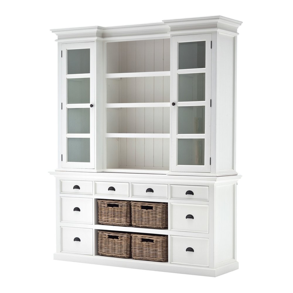 87" White Wood Bookcase with Glass Doors Drawers and Baskets HomeRoots