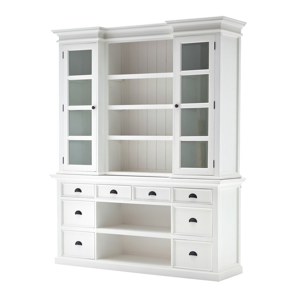 87" White Wood Bookcase with Glass Doors Drawers and Baskets HomeRoots
