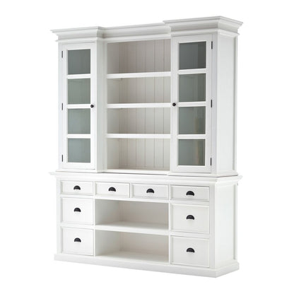 87" White Wood Bookcase with Glass Doors Drawers and Baskets HomeRoots