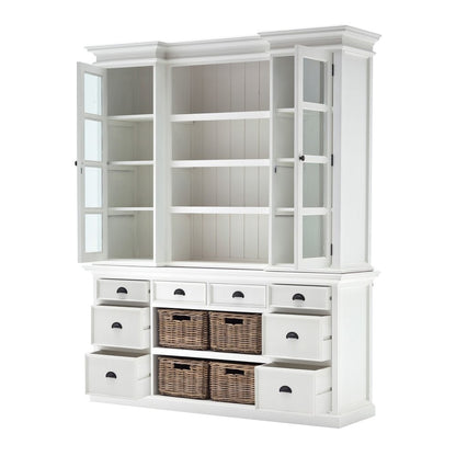 87" White Wood Bookcase with Glass Doors Drawers and Baskets HomeRoots